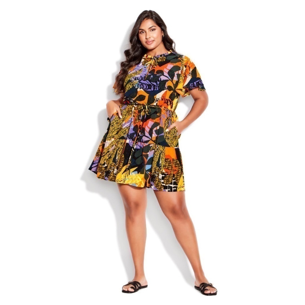 Avenue Happy Tier Yellow Palm Print Dress - Picture 1 of 5